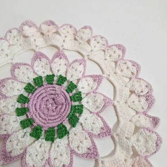 Hand Crocheted Lace Doily Flower Lavender White Green Purple Cotton 10 Inch - Picture 12 of 14